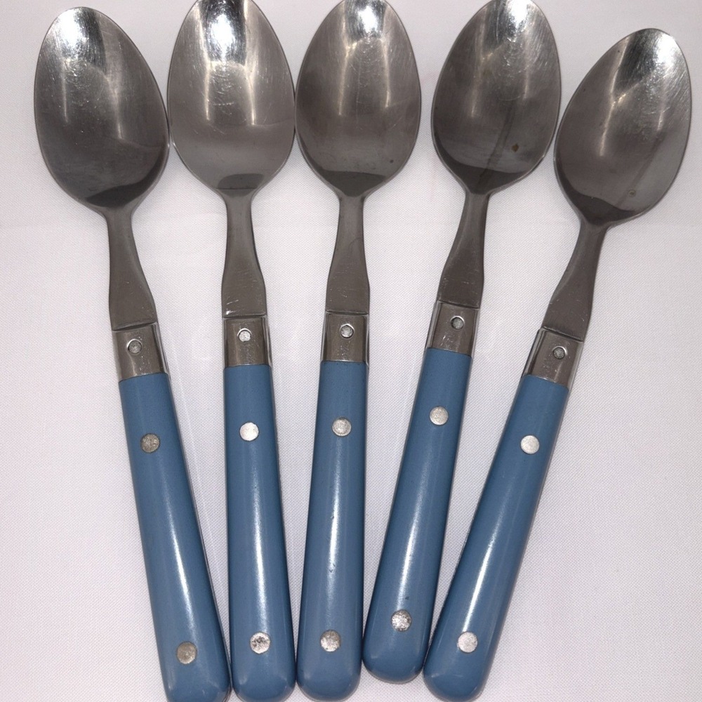 Interpur Korea Stainless Flatware Blue Handle Soup Spoons Lot Of 5 Vintage MCM
